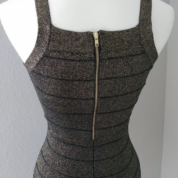 Guess Bodycon V-neck Black Gold Dress LBD Small - Picture 9 of 12